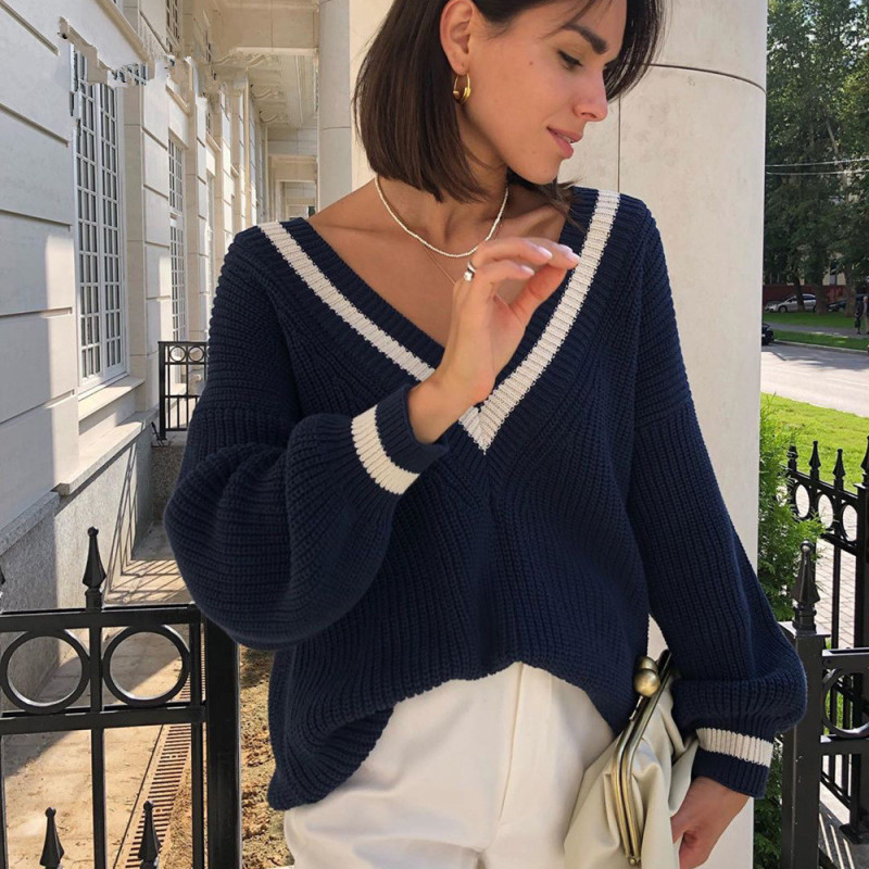 2 Pieces Women Casual Stitching Color Loose V-Neck Long-Sleeved Knitted Sweater