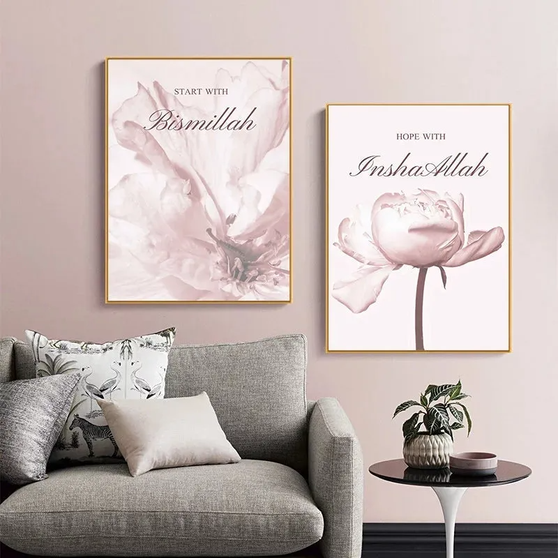 (Buy 1 Get 2) Simple Nordic Pink Arabian Flowers Frameless Painting Core Living Room Wall Decoration