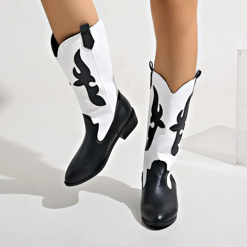 Women Fashion Plus Size Geometric Stitching Point Toe Knights Mid-Calf Boots