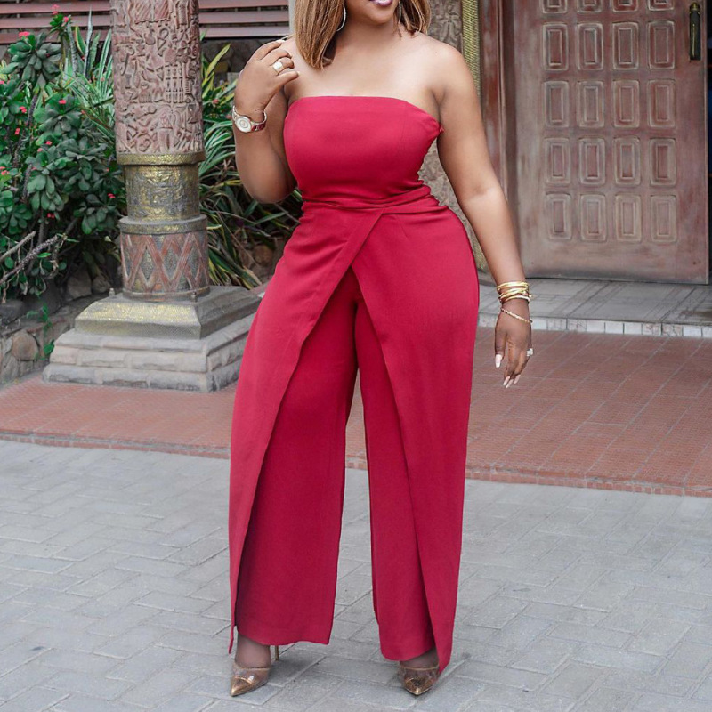 Women Solid Color Tube Top Slit Fashion Casual Wide Leg Jumpsuit