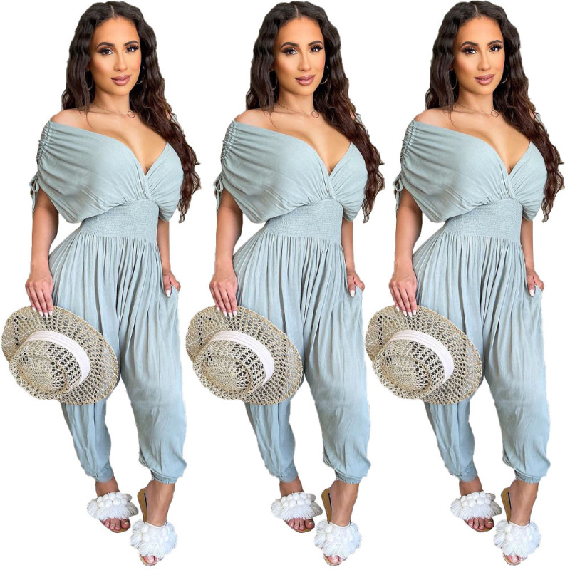 Women Solid Color V-Neck Pleated Short-Sleeved Waist Loose Casual Jumpsuit