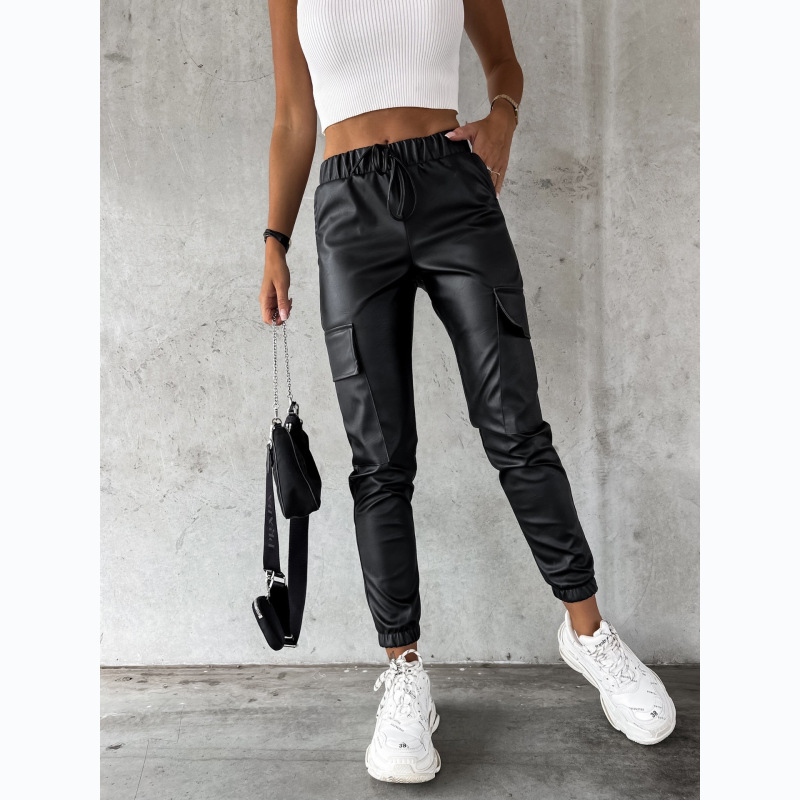 Women Fashion Solid Color Elastisch High Waist Pu Pencil Pants