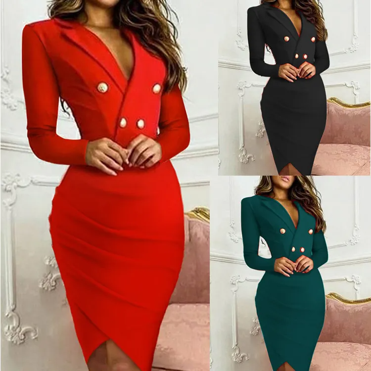 Women Fashion Solid Color V-Neck Blazer Creased Dress