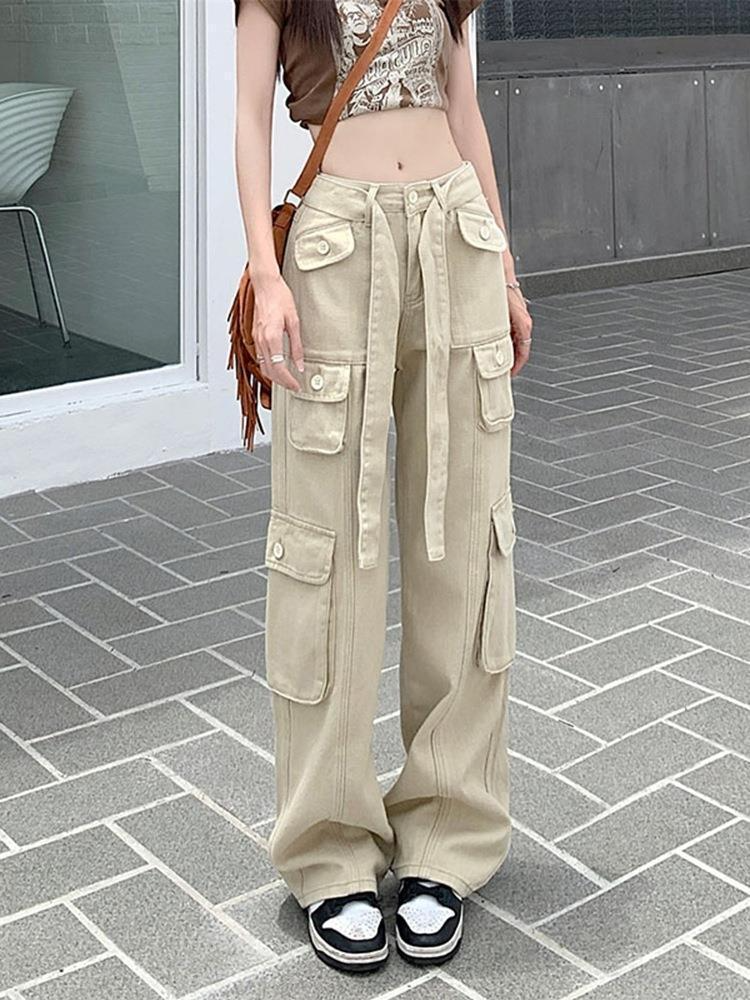 Women Retro Multi-Pocket Old Overalls Loose Straight Pants