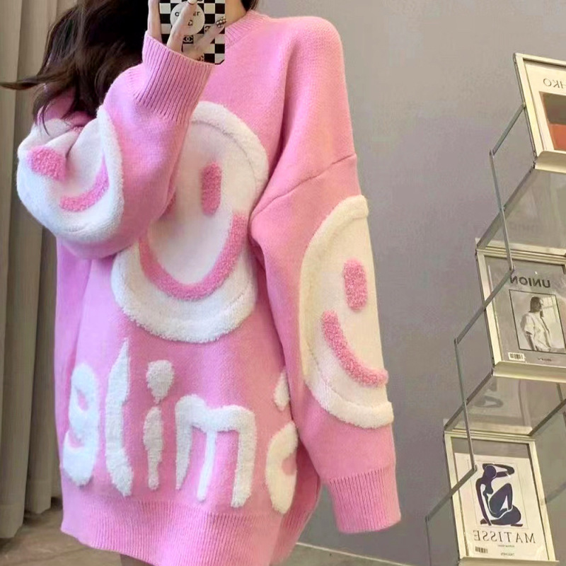 Women Fashion Winter Loose Plush Smiley Knitted Sweater