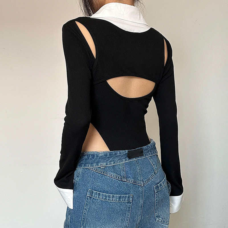 Women Fashion Lapel-Breasted Shirt Collar Flare Sleeve Hollow Back Slim Bodysuit