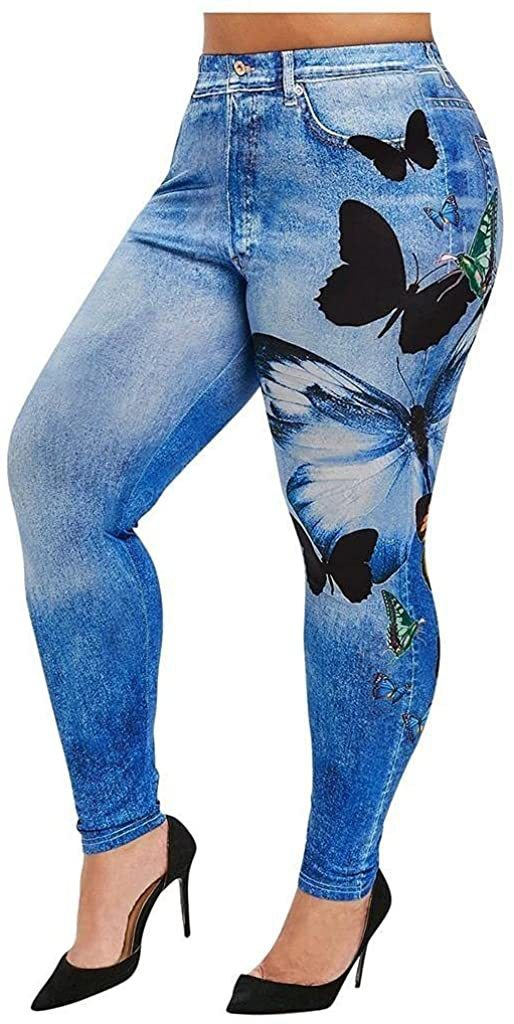 Women Fashion Casual Denim Color Butterfly Print Athleisure Leggings