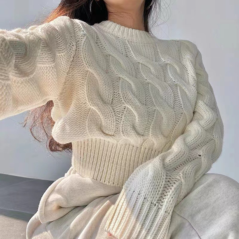 Casual Autumn Winter Solid Color Braided Long Sleeve Cropped Knitted Sweater