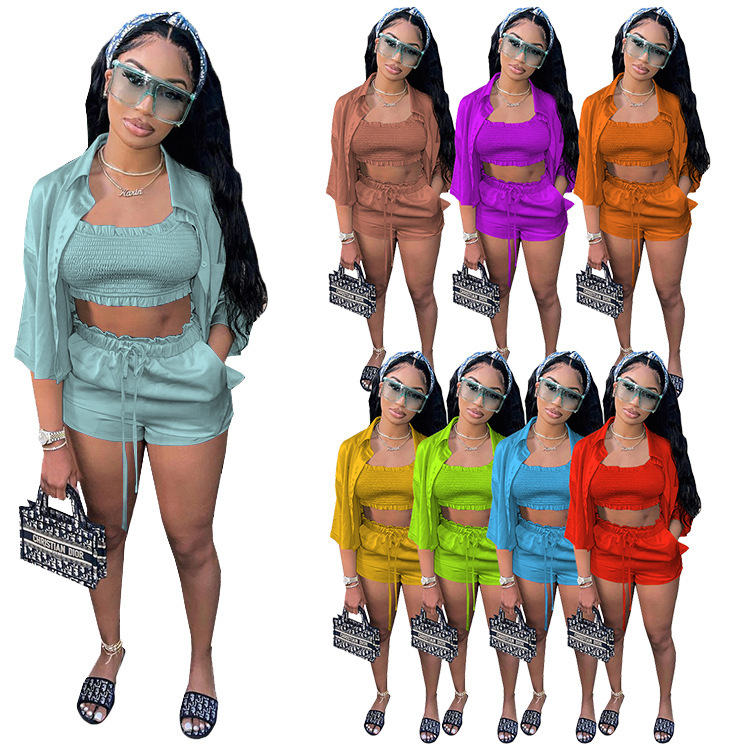 Women'S High-Elastic Solid Satin Wave Edge Wrinkled Tube Top Blouse Shorts Button 3-Piece Set