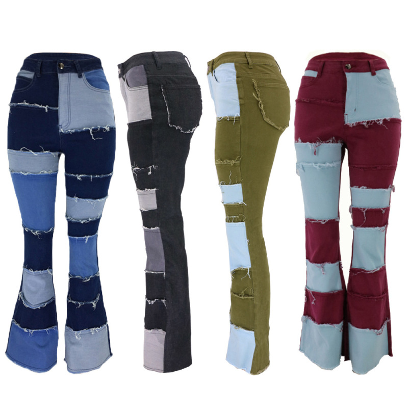 Women'S Fashion Stitching Color Blocking Flared Jeans