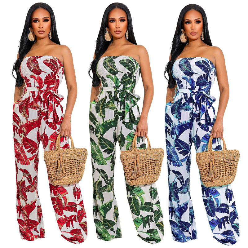 Women Print Tube Top Lace Wide Leg Jumpsuit