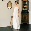 Bride Simple Satin Retro Fishtail Off-The-Shoulder Solid Color Wedding Dress