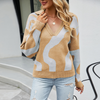 Women Casual Color Blocking Lapel Pullover V-Neck Knitted Sweater