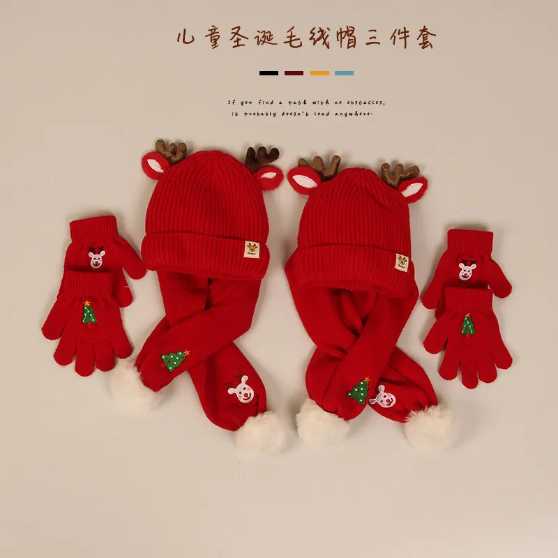 (Buy 1 Get 1) Kids Unisex Autumn Winter Fashion Casual Cute Antlers Baby Christmas Hat Scarf Gloves Three-Piece Set