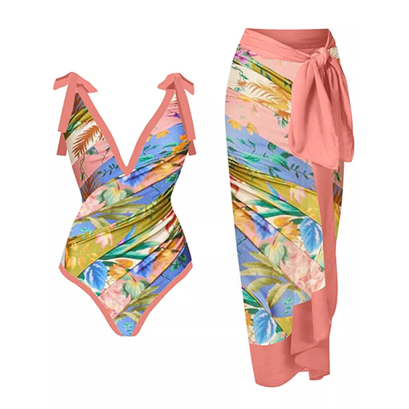 Retro Printed Women Swimwear Cover Skirt Two Pieces Bikini Set