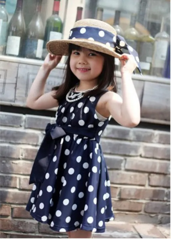 Children Kids Baby Fashion Girls Sleeveless Polka Dot Tie Bow Dress