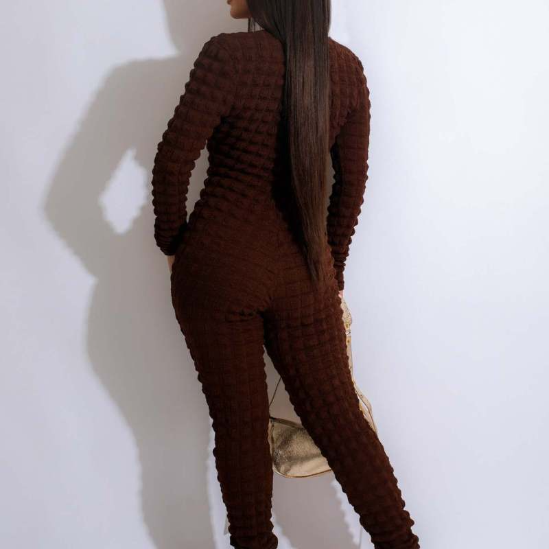 Women Fashion Solid Color Knitted Long Sleeve Bubble Clothing Jumpsuit