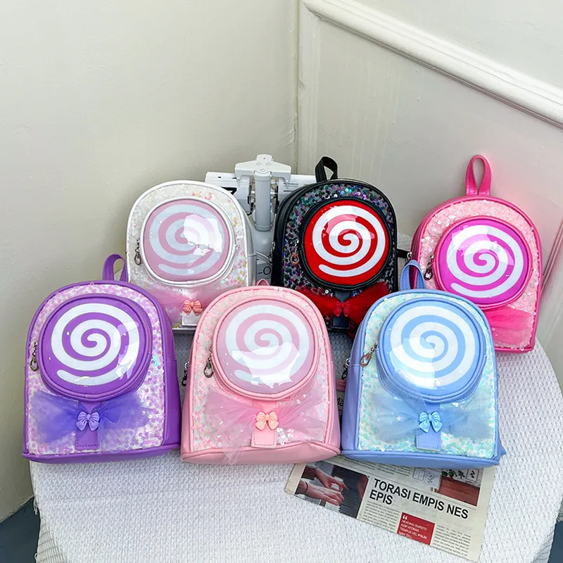 (Buy 1 Get 2) Kids Girls Fashion Cute Casual Bow Cartoon Lollipop Sequin Zipper Backpack Bag