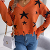 Women Fashion Casual V-Neck Star Hole Long Sleeve Knitted Sweater