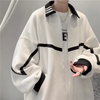 Men Casual Lapel Zip Black White Contrast Loose Sports Jacket