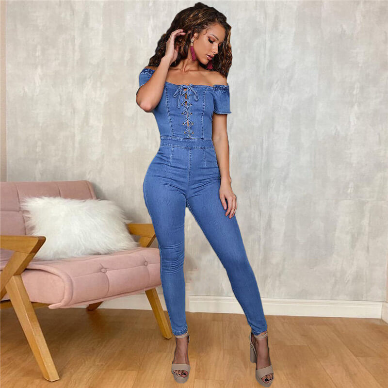 Women Sexy Lace-Up Off-The-Shoulder Denim Jumpsuits