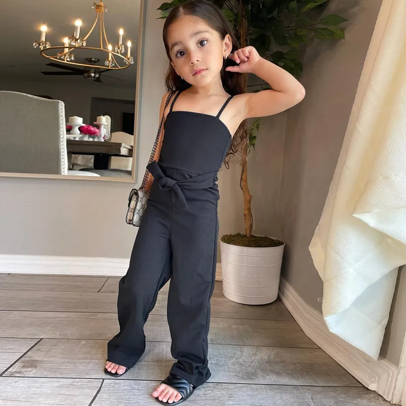 Kids Toddler Girls Fashion Casual Sling Solid Romper Floor Mop Jumpsuit
