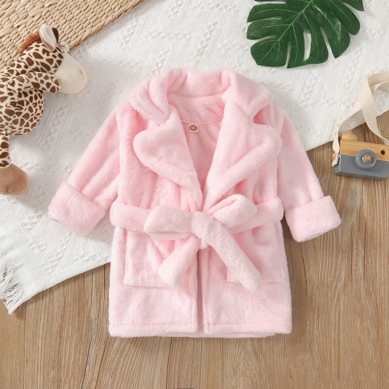 Kids Simple Solid Color Long Sleeve Lapel Plush Night-Robe