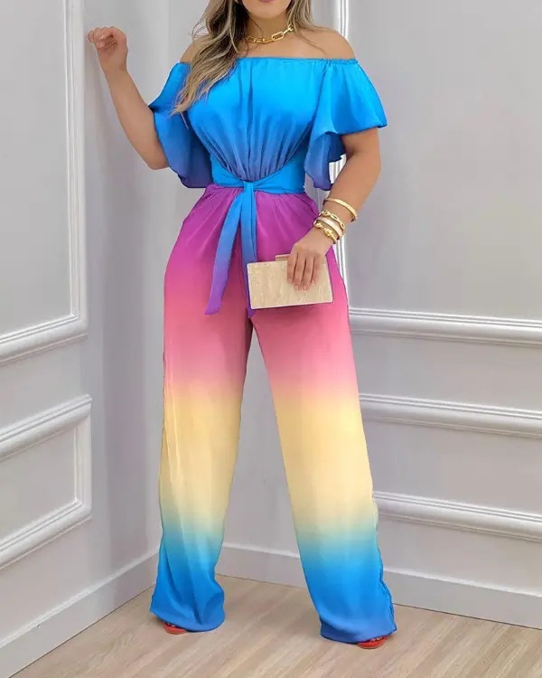 Women One-Shoulder Tie Short Sleeves Jumpsuit