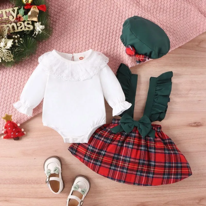 Baby Fashion Casual Christmas Solid Color Long Sleeve Round Neck Romper Playd Bow Skirt Sets