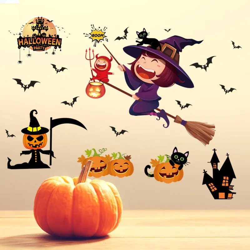 (Buy 1 Get 1) Halloween Decorative Wall Stickers Scene Layout Glass Witch Stickers