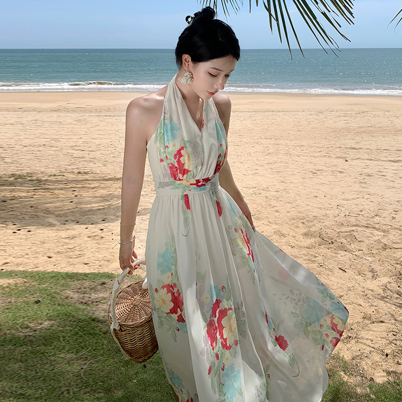 Women Fashion Elegant Vacation Floral Printed Halter Neck Backless Sleeveless Defined Waist Maxi Dress