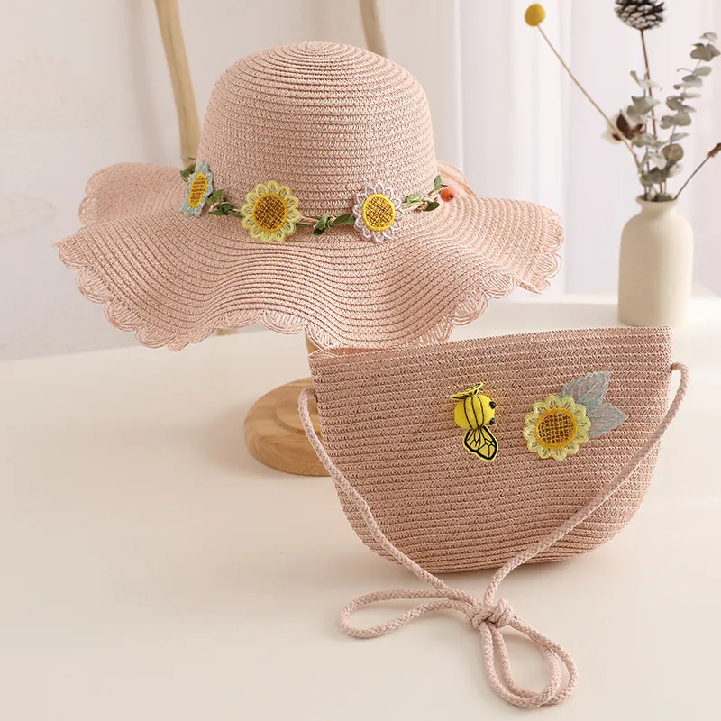 Kids Girls Fashion Straw Woven Wavy Hat And Bag Set