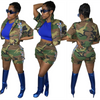 Women Summer Street Fashion Camouflage Printed Short Sleeve Crop Blouse And Shorts Set