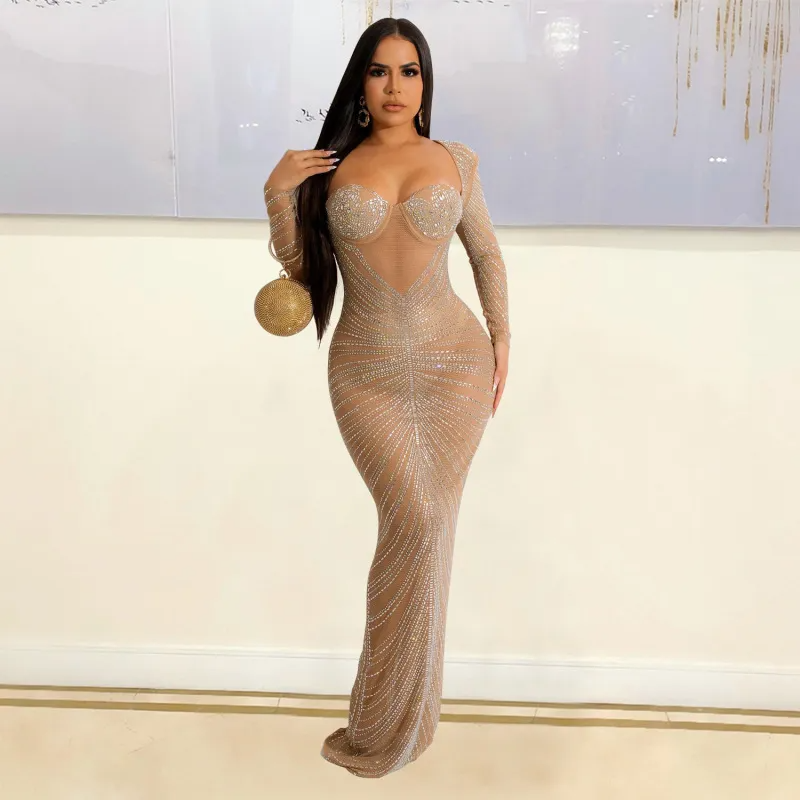 Women'S Sexy Elegant Mesh Rhinestone Long-Sleeved Maxi Party Dress