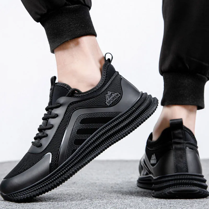 Men Leisure Sports Versatile Round-Toe Flat PU Lace-Up Low Top Thick-Soled Sneakers