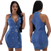 Women'S Fashion Sexy Lapel Sleeveless Double-Breasted Denim Dress