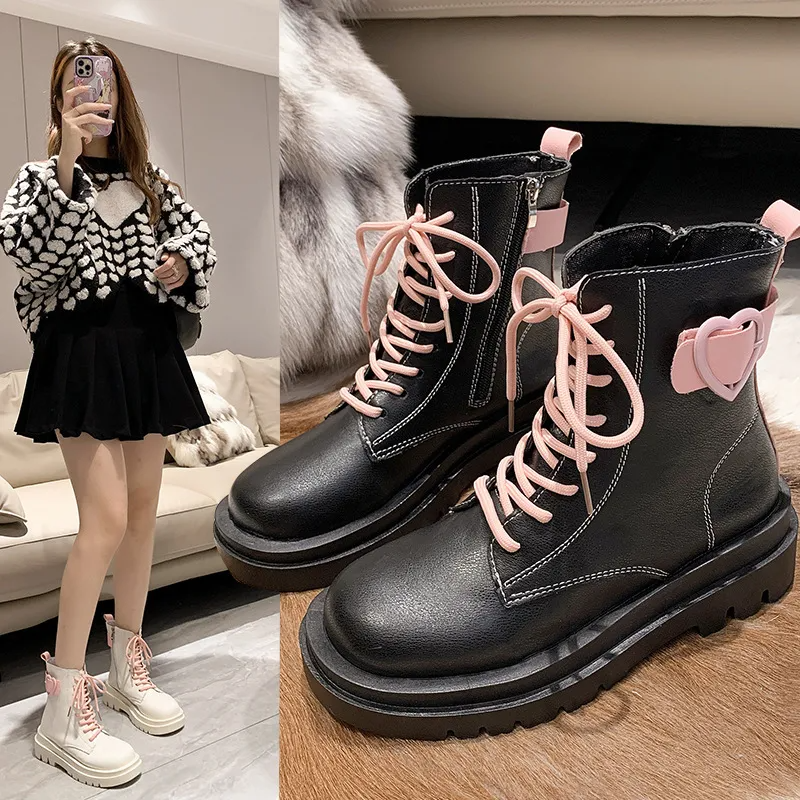 Women Fashion Thick Sole Sweet Cool Lace Up Pink Short Boots