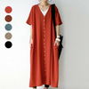 Women Fashion Minimalist Casual Loose Solid Color Short-Sleeve V-Neck Single-Breasted Dress