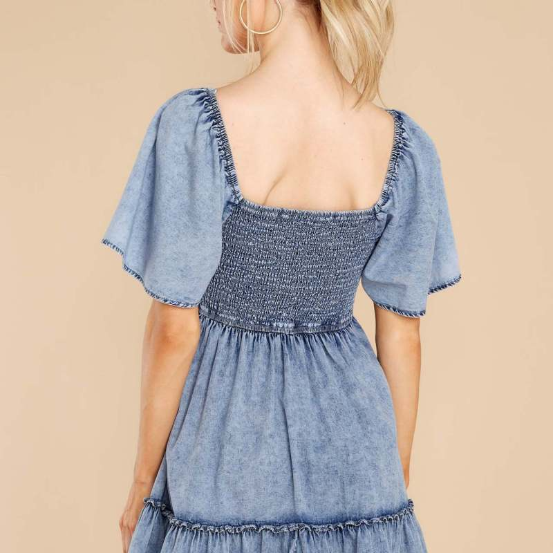 Women Fashion Sweet Vacation Square Neck Washed Short-Sleeved Denim Dress