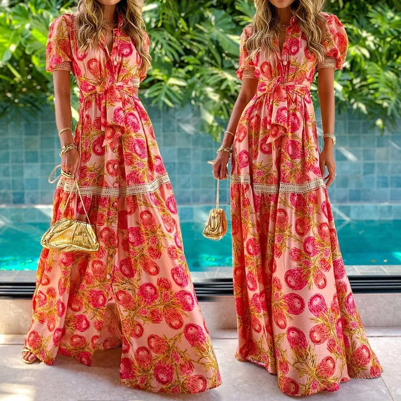 Women Ramadan /Eid Fashion Elegant Boho Floral Printing Lapel Single-Breasted Short Sleeve Long Dress