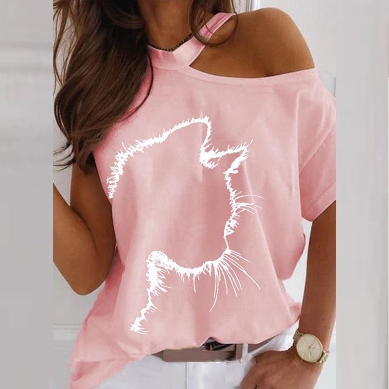 Fashion Loose Women'S Cat Print Short Sleeve Round Neck Cool-Shoulde T-Shirt