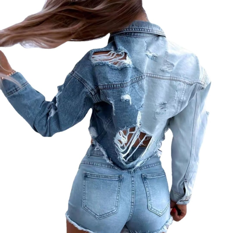 Women'S Fashion Gradient Color Ripped Cropped Denim Jacket