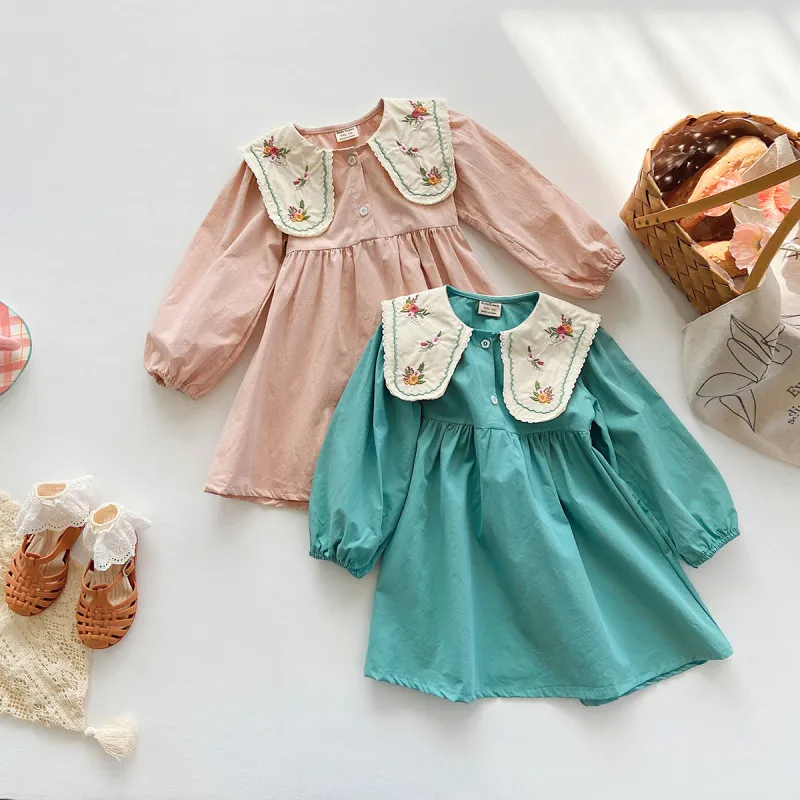 Kids Toddler Girls Fashion Casual Cute Solid Color Embroidery Floral Lapel Dress