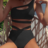 Women'S Solid Color High Waist Triangle One Shoulder Strap Swimsuit Two-Piece Set