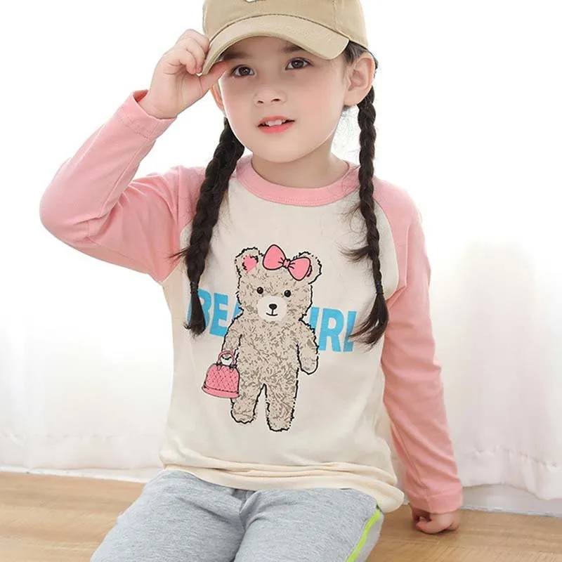 (Buy 1 Get 1) Kids Toddler Big Girls Casual Cute Cartoon Bear Letters Print Long Sleeve Round Neck T-Shirt