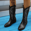 Women Fashion Plus Size V-Mouth Embroidery Pointed Toe Mid-Calf Boots