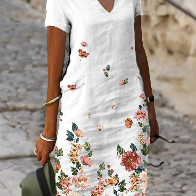 Women Casual Floral Printed Short-Sleeved V-Neck Cotton Linen Midi Dress