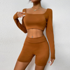 Women Athleisure Basic Long-Sleeve Square Neck Crop Top And Solid Color Shorts Two-Piece Set