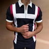 Men Casual Paneled Colorblock Creative Striped Print Zip-Up Lapel Short-Sleeved Slim Polo Shirt