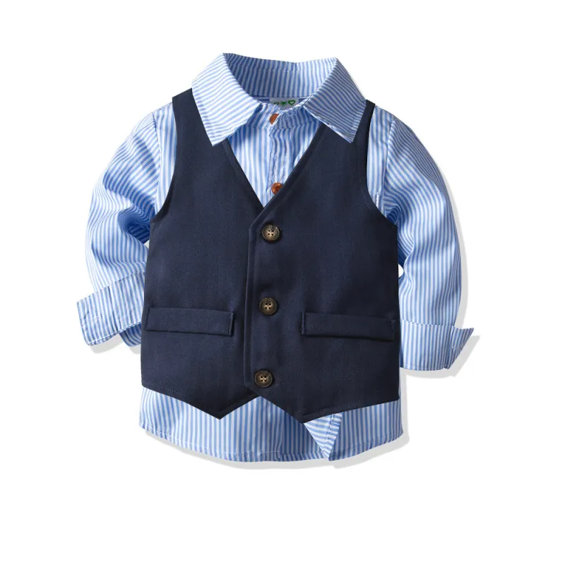 Kids Toddler Big Boys Spring Autumn Fashion Casual British Style Bow Stripe Shirt Trousers Party Clothing Set